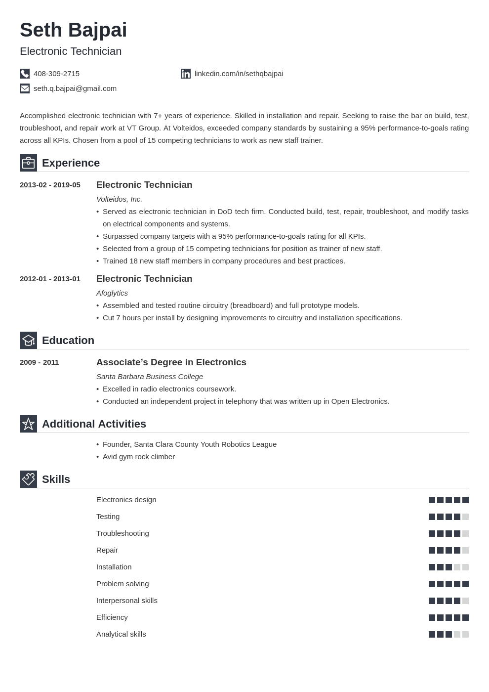 electronic technician resume example template iconic