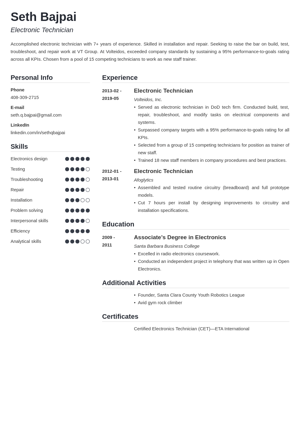 electronic technician resume example template simple