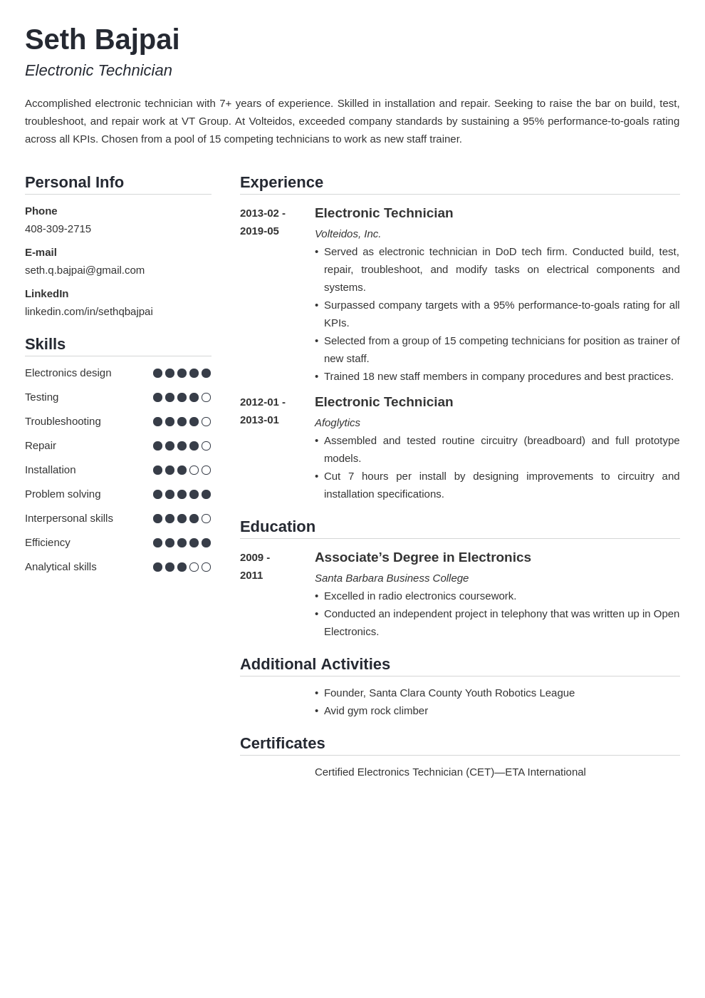 Electronic Technician Resume Sample Guide