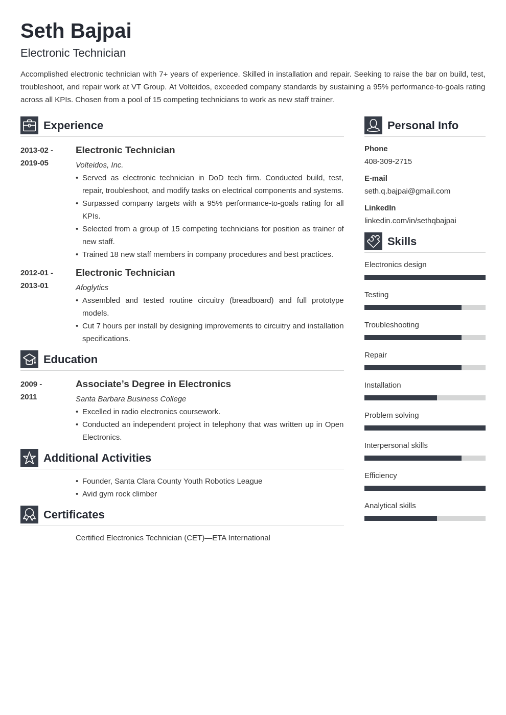 electronic technician resume example template vibes