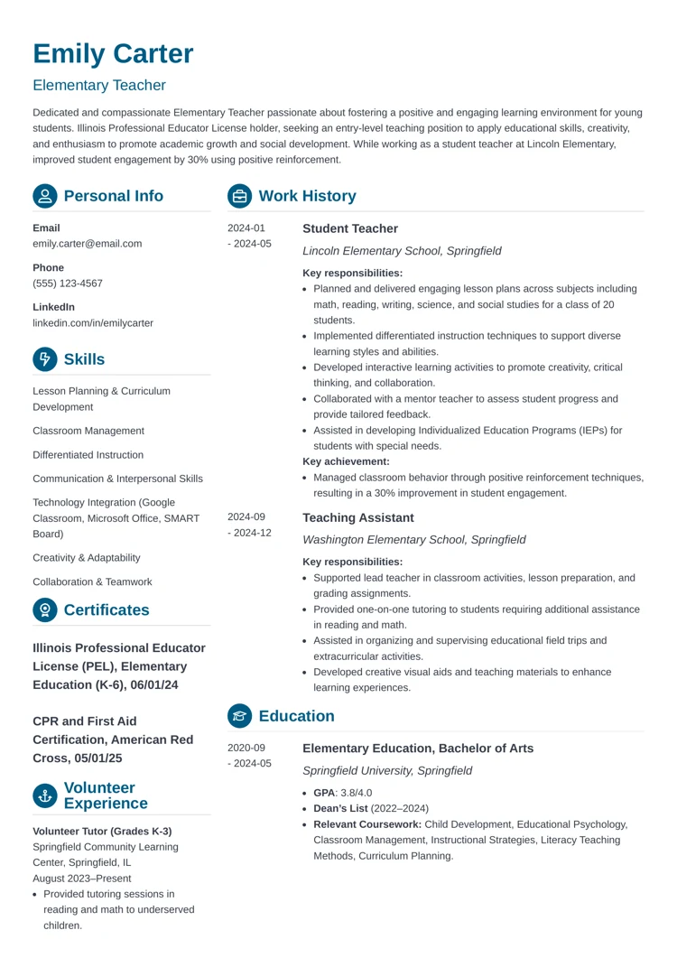 entry-level elementary teacher resume example by zety
