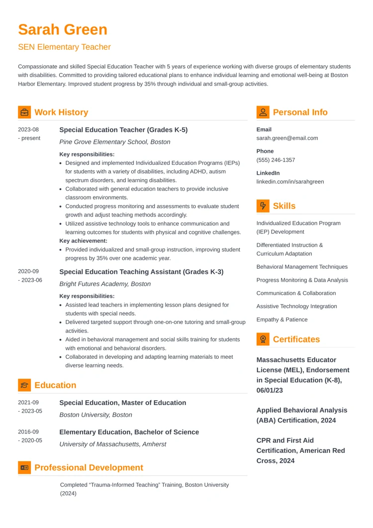 special education elementary teacher resume example by zety