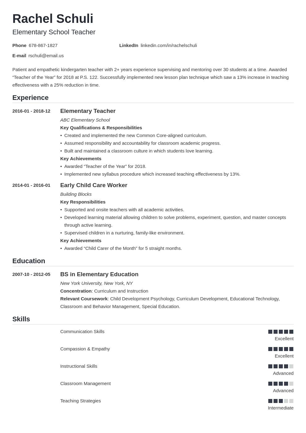 Elementary School Teacher Resume Examples for 2023