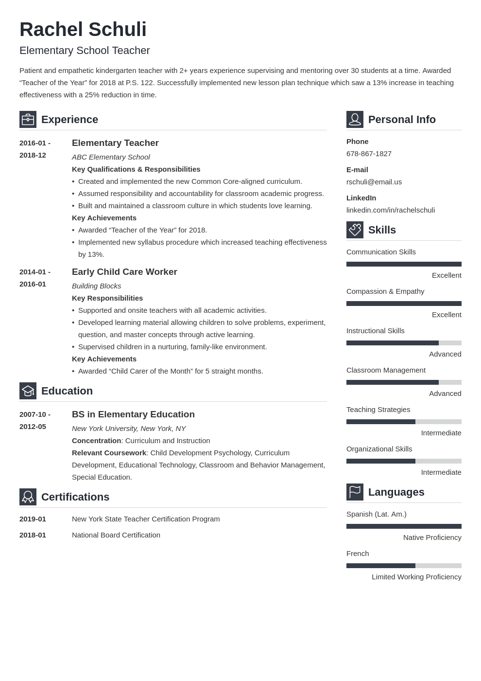 Elementary Teacher Resume Examples & Guide with Skills