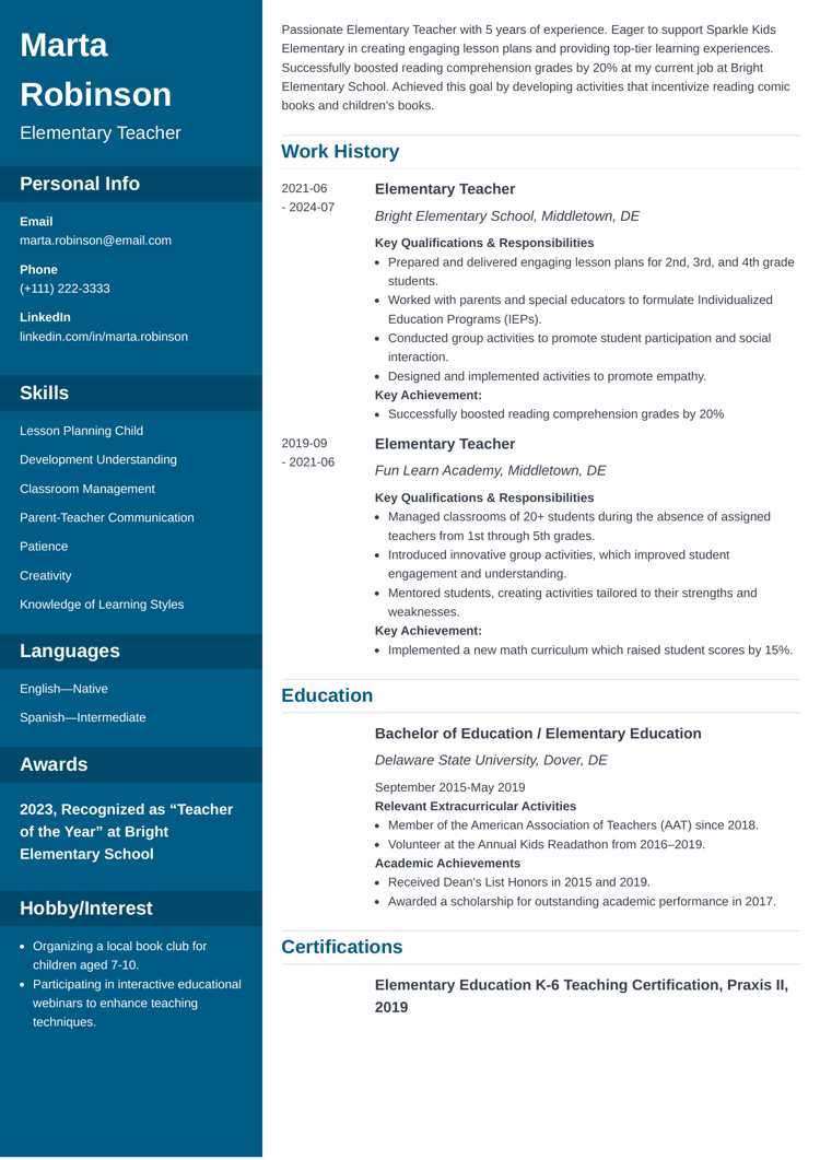 Cascade resume template for elementary school teachers