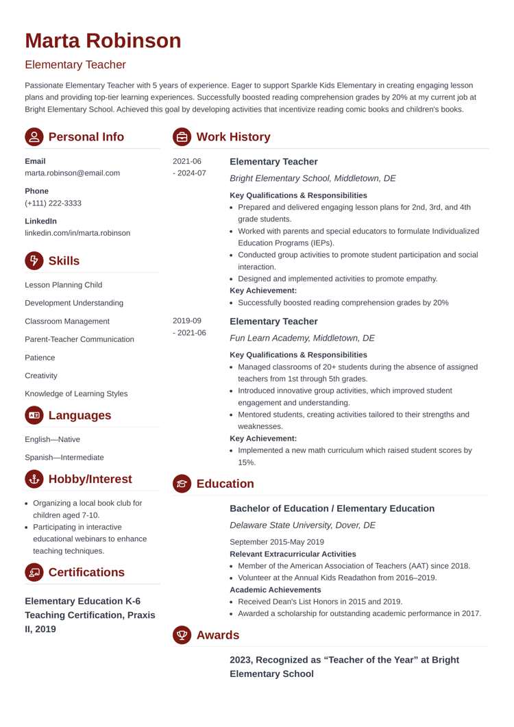 Crisp resume template for elementary school teachers