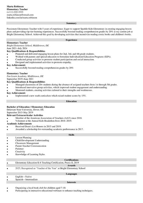 Elementary Teacher Resume Example