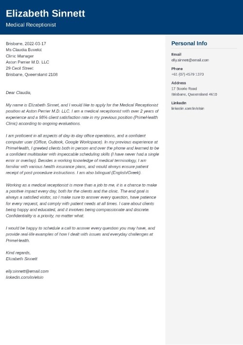 Medical Receptionist Cover Letter Guide [+ No Experience]