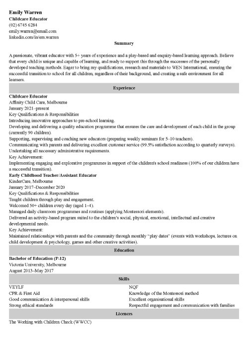 Child Care Resume Sample For Australia Writing Guide   Emily Warren Bad Zety Au Cta1 