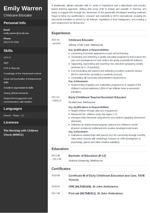 Child Care Resume Sample For Australia Writing Guide   Emily Warren Zety Au Cta1 