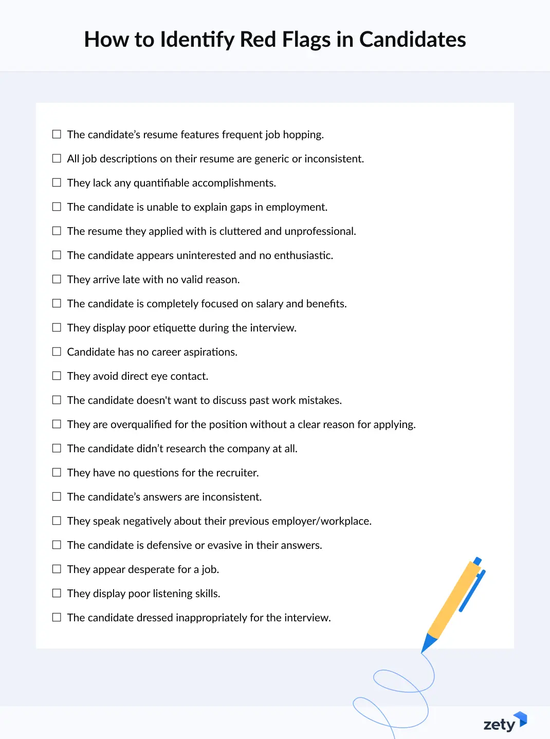 Checklist showcasing 21 potential red flags in job applicants