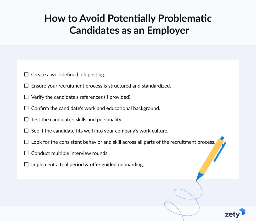 Checklist describing how to avoid problematic candidates as an employer