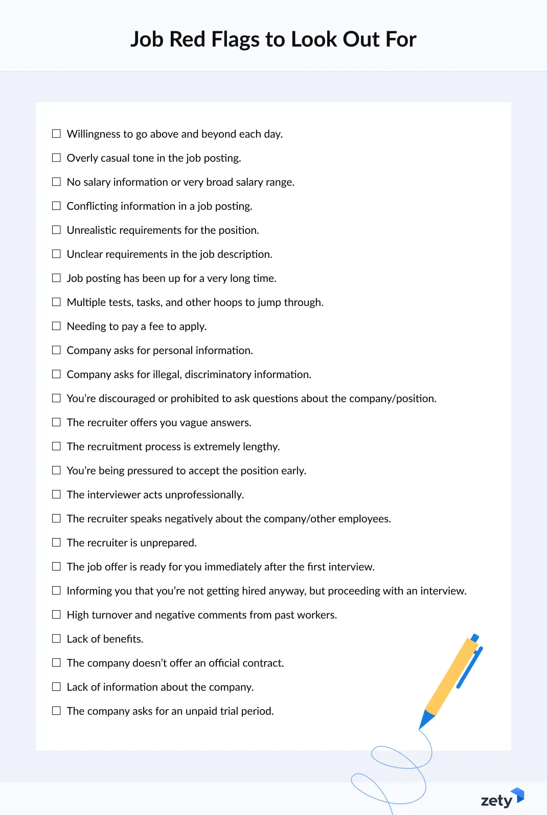 Checklist presenting 25 job red flags to look out for when applying for jobs.