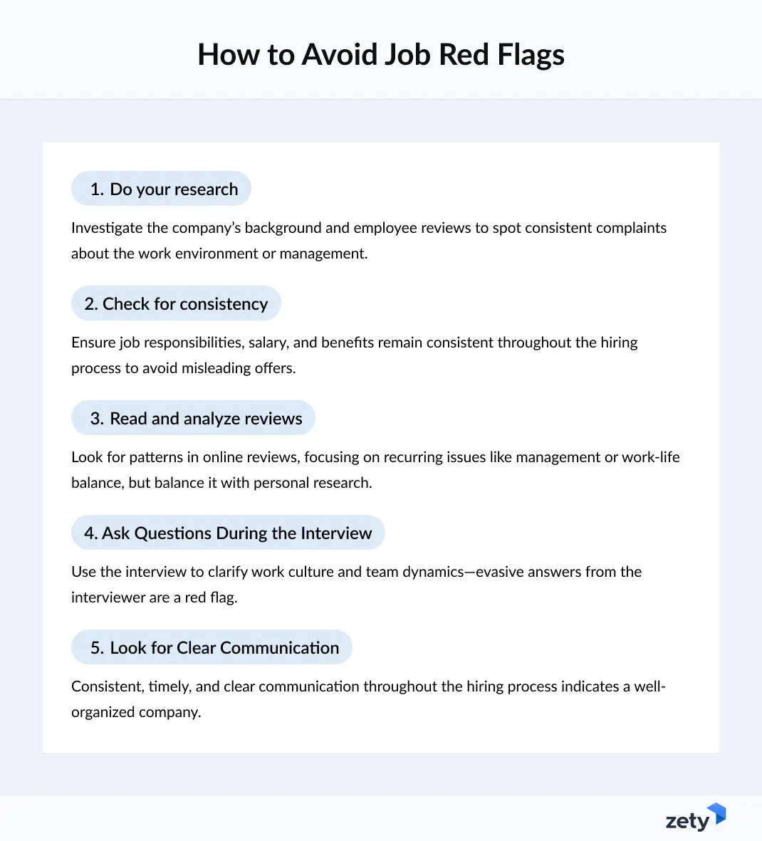 Infographic explaining the 5 main ways to avoid job red flags.