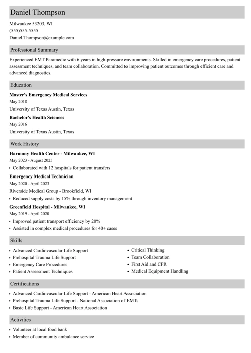 EMT Resume Example