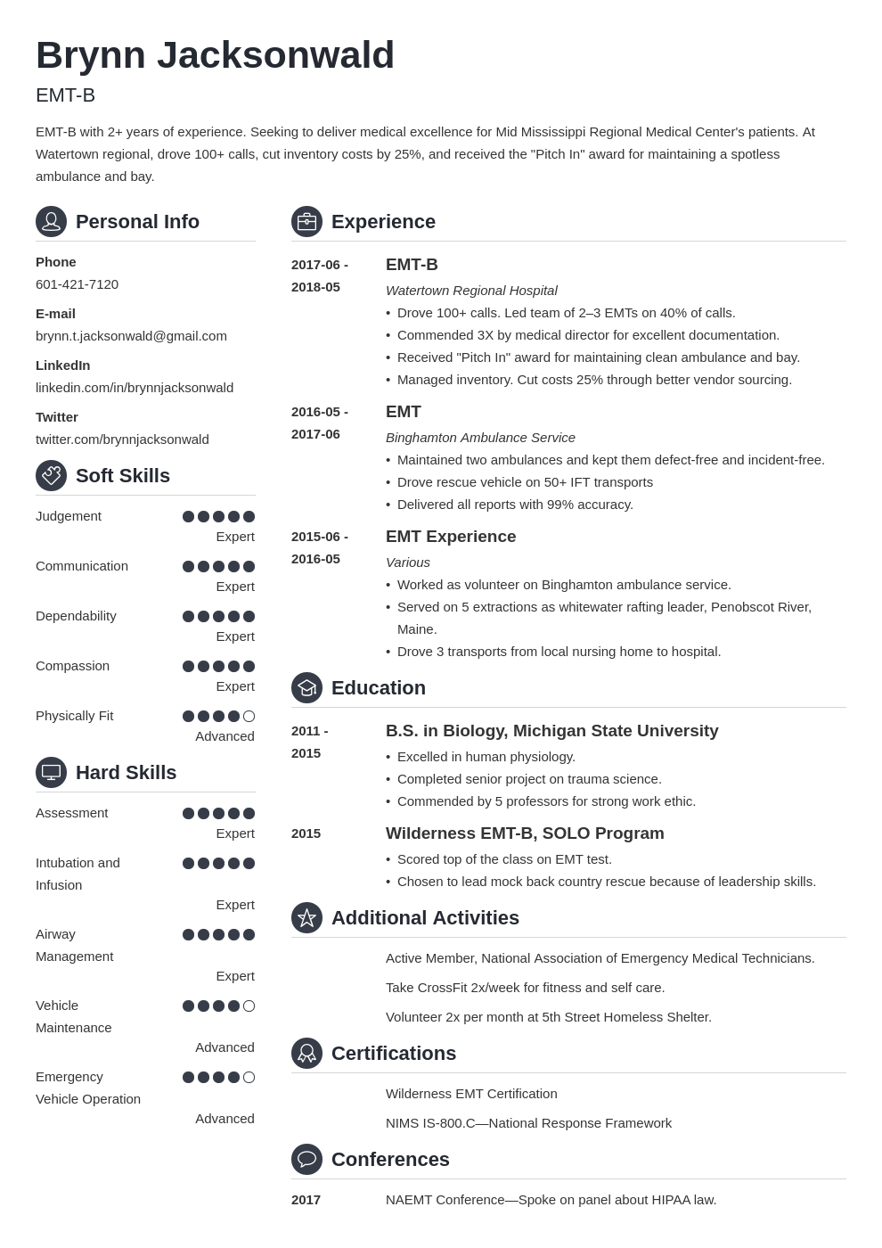 emt resume example template crisp