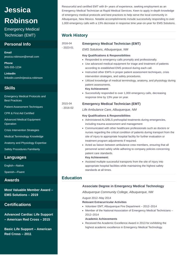 Emergency Medical Technician Resume Template - Cascade