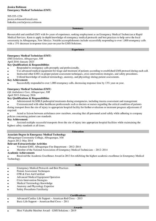 Emergency Medical Technician Resume Example