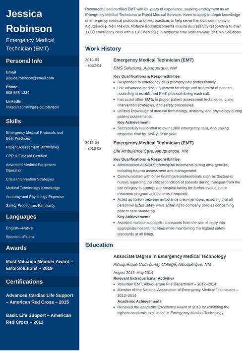 Emergency Medical Technician Resume Example