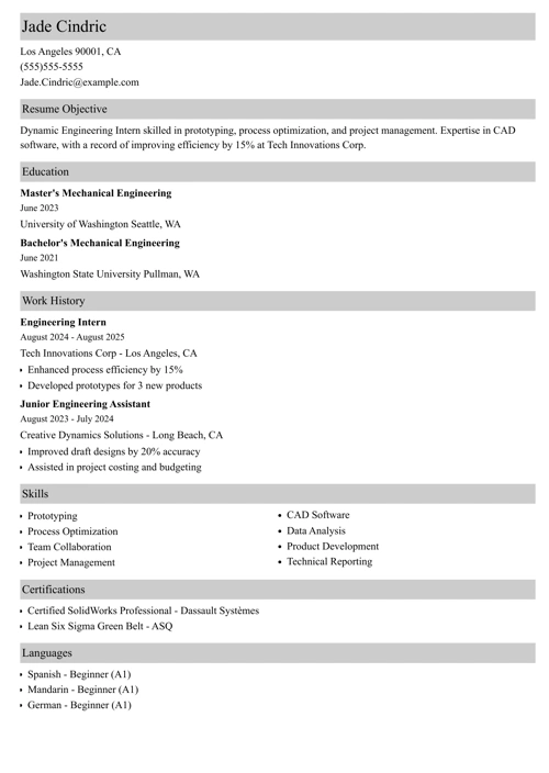 Engineering internship resume example