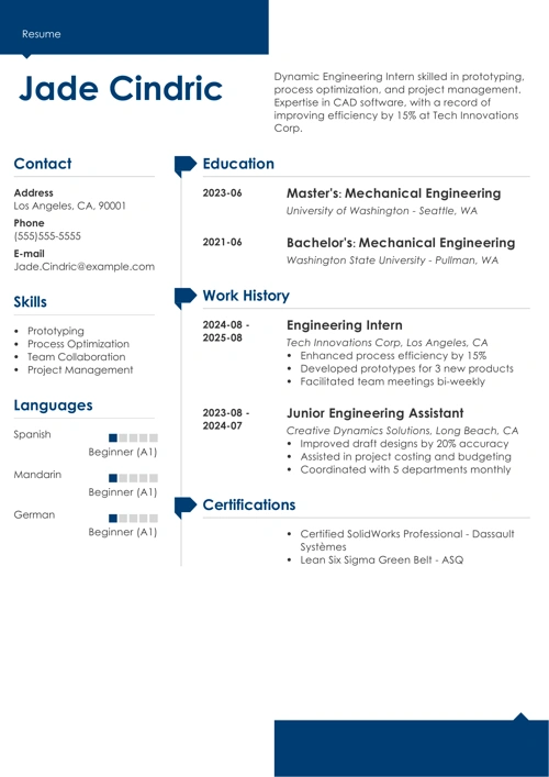 Engineering internship resume example