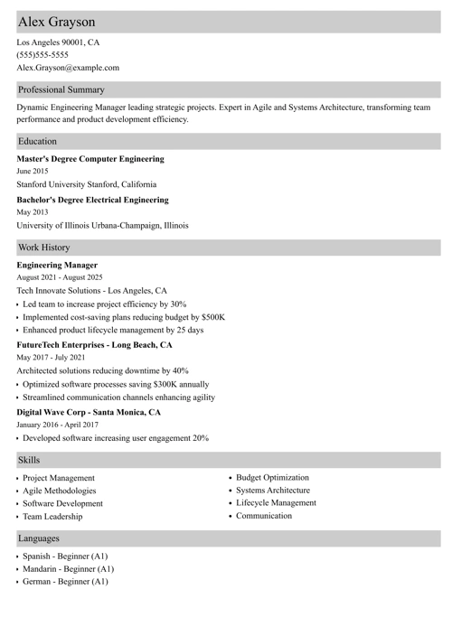 Engineering Manager Resume Sample