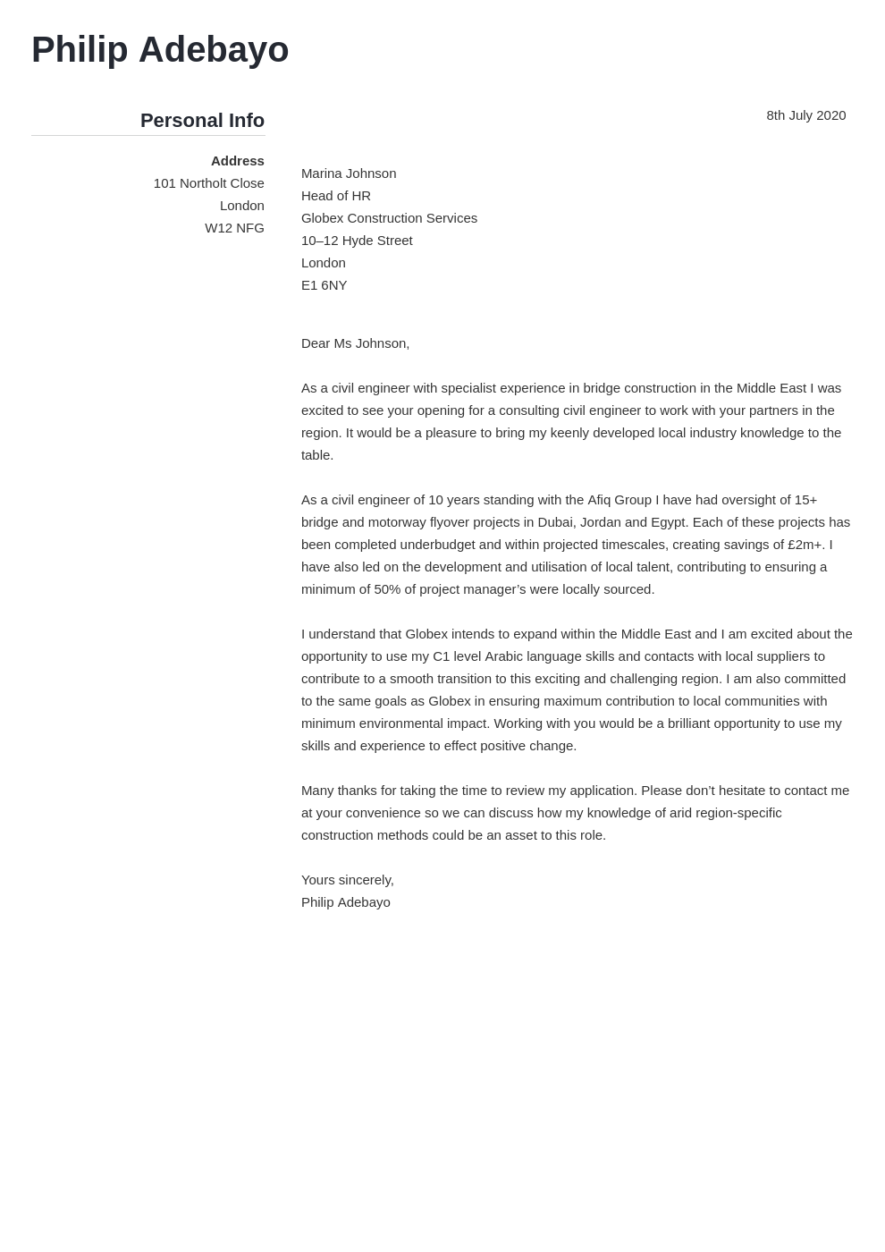 sales engineering cover letter