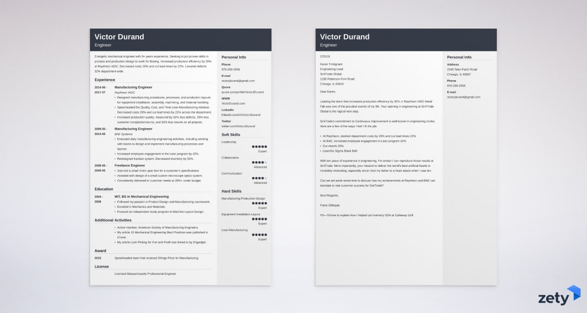 matching set of engineering resume cover letter