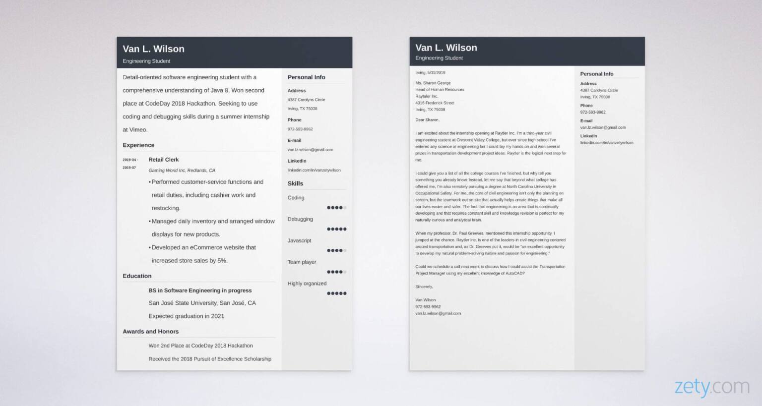 engineering internship resume and cover letter set