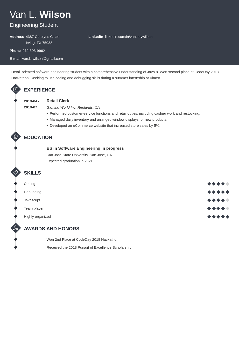 engineering internship resume example template diamond