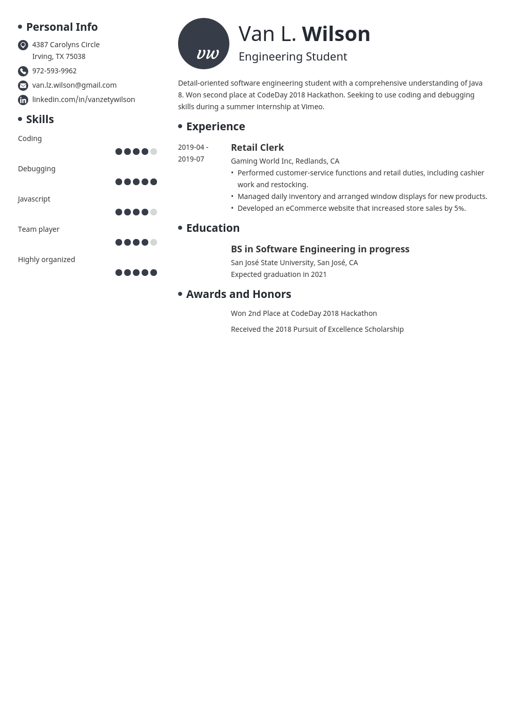 engineering internship resume example template initials