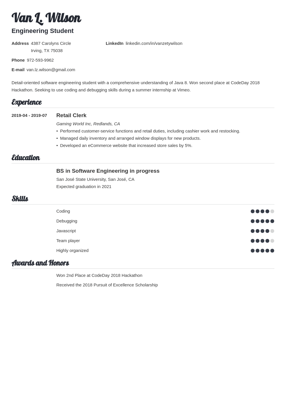 engineering college student resume examples