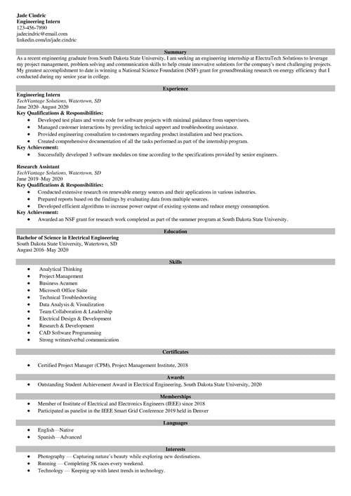Engineering internship resume example