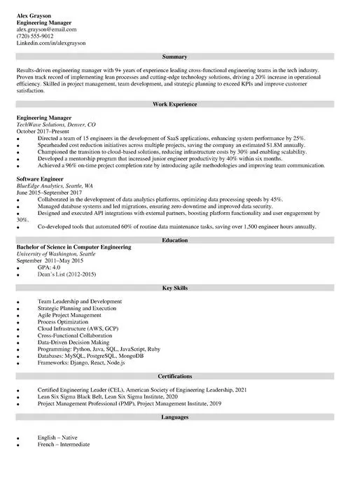 Engineering Manager Resume Sample