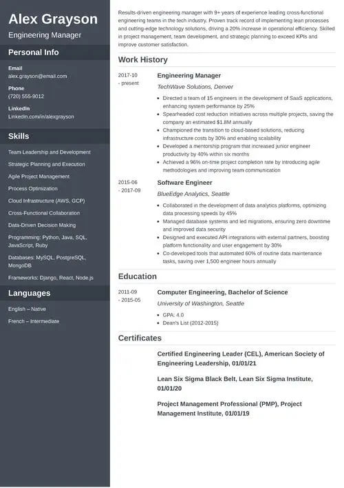 Engineering Manager Resume Sample