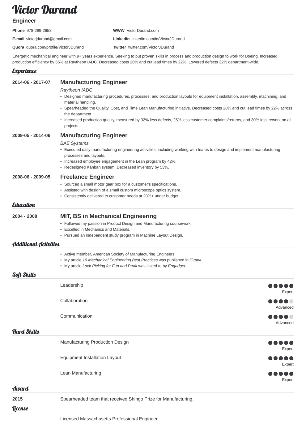 Engineering Resume Examples 2017 | World of Reference