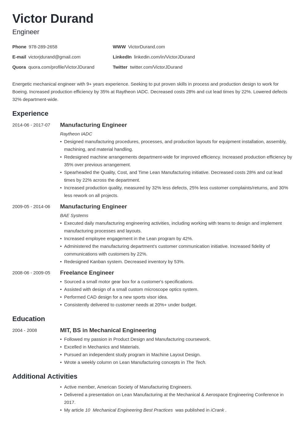 engineering resume example template minimo