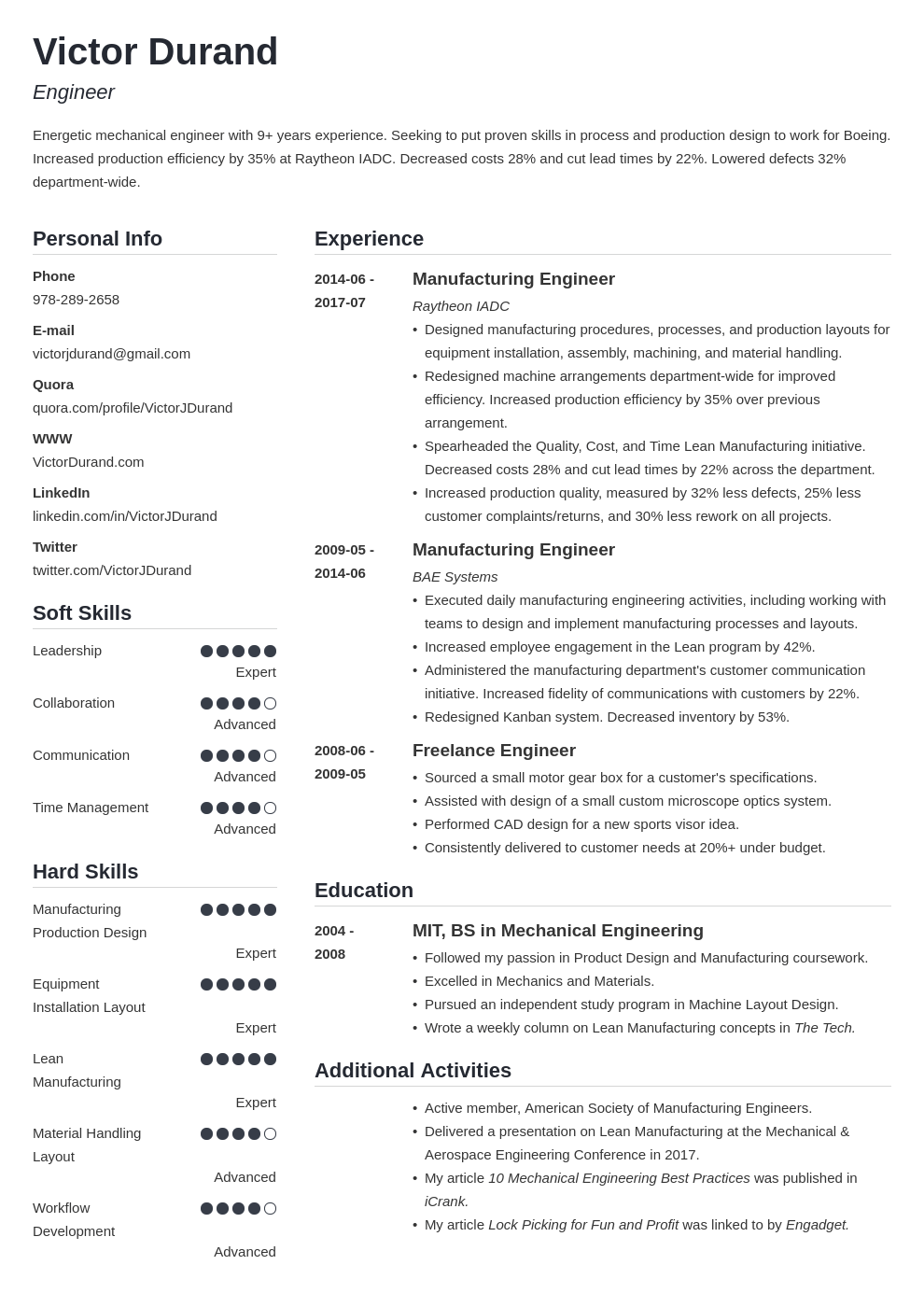 engineering resume example template simple