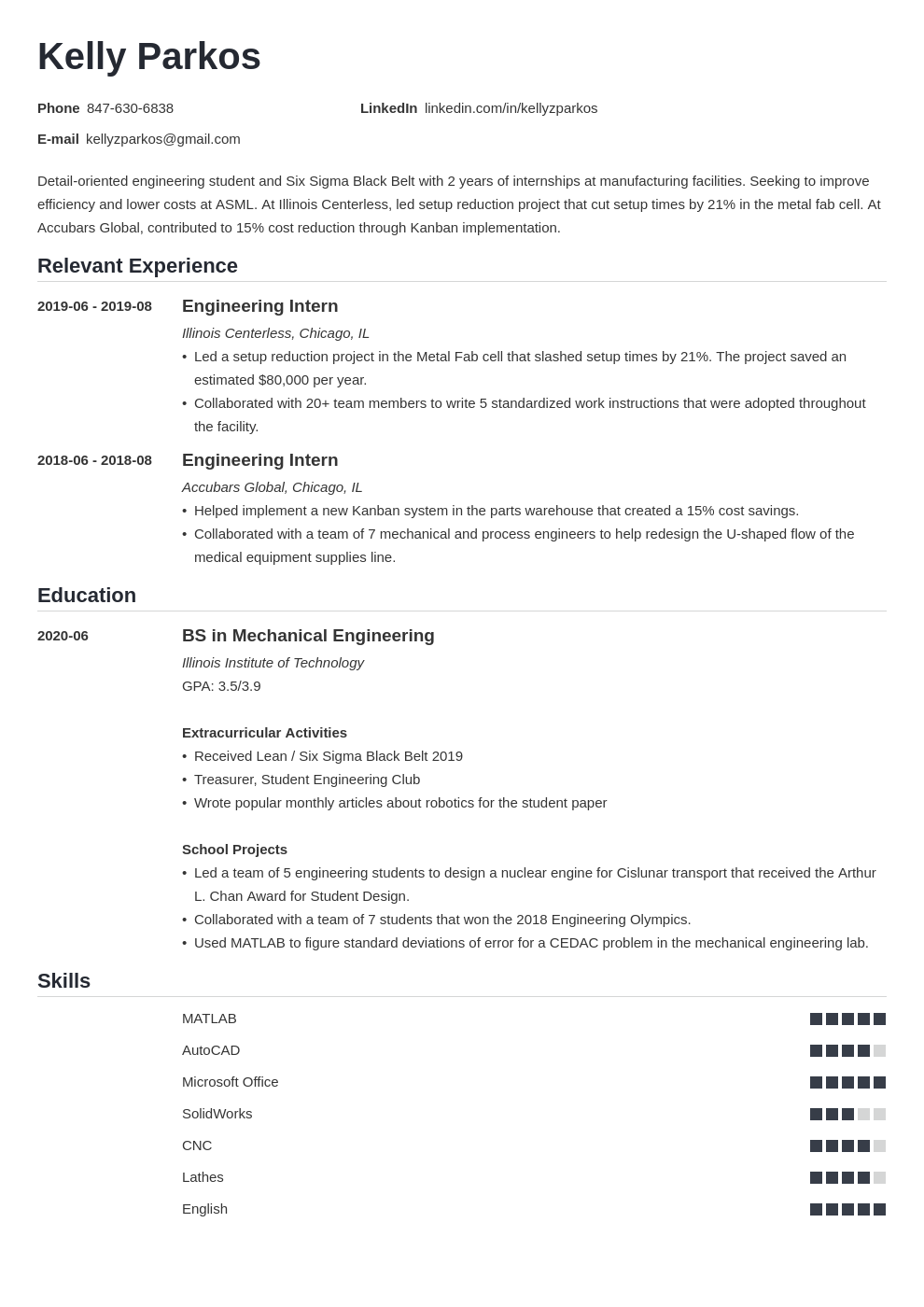 mechanical engineering student resume examples