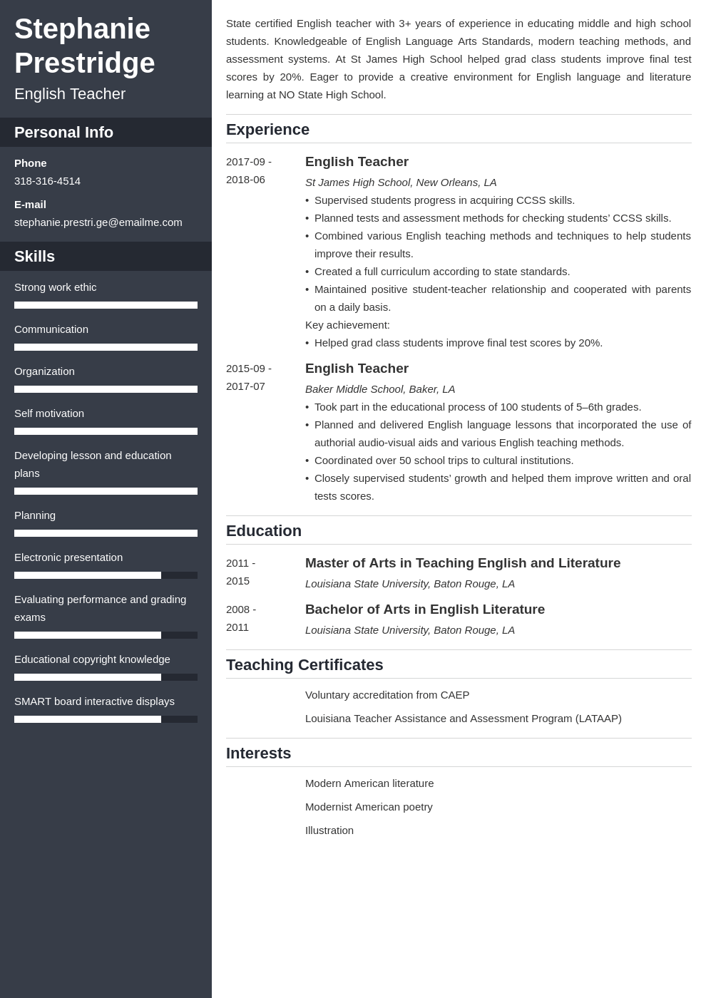 English Teacher Resume Sample Teaching Skills 