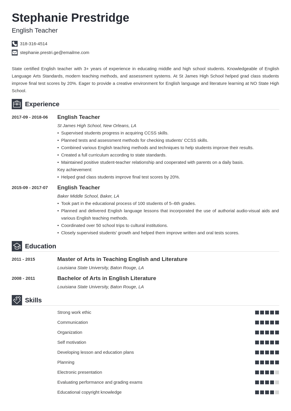 English Teacher Resume Sample [+ Teaching Skills]