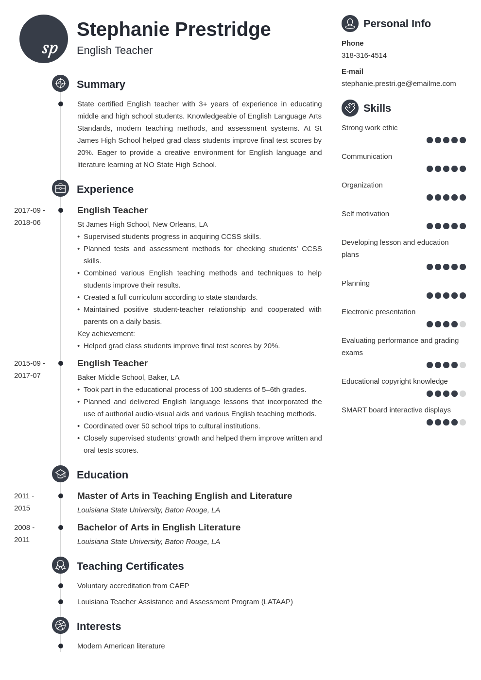 english teacher resume sample with job description  skills