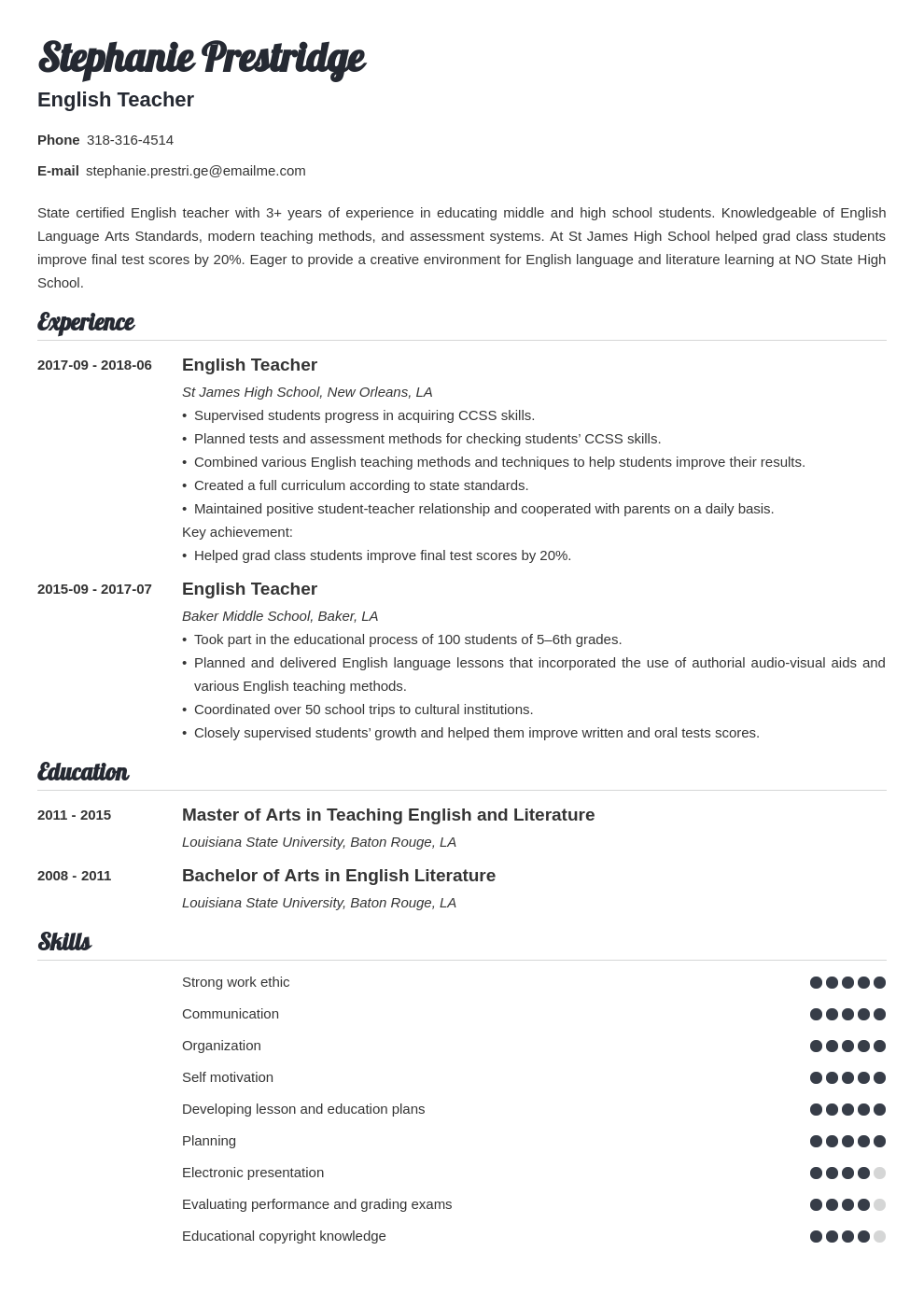 English Teacher Resume Sample With Job Description Amp Skills