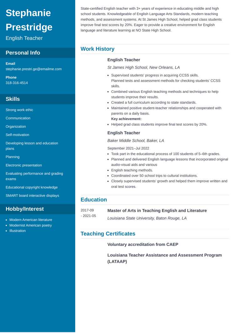 English teacher resume example on Cascade template by Zety