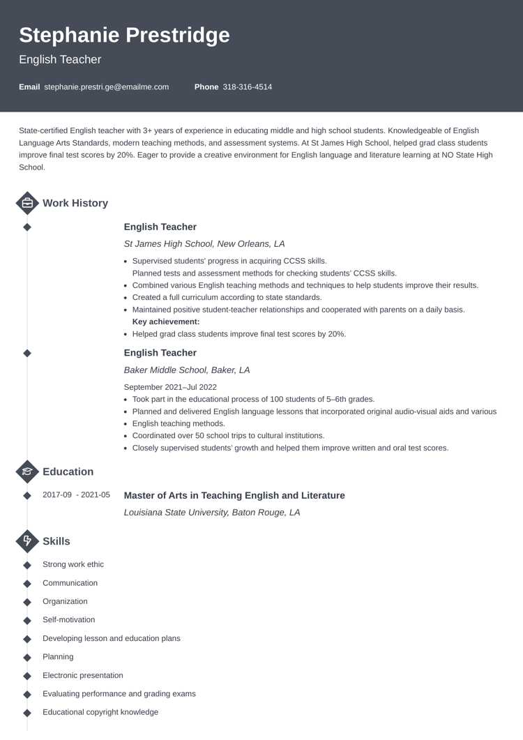 English teacher resume example on Diamond template by Zety