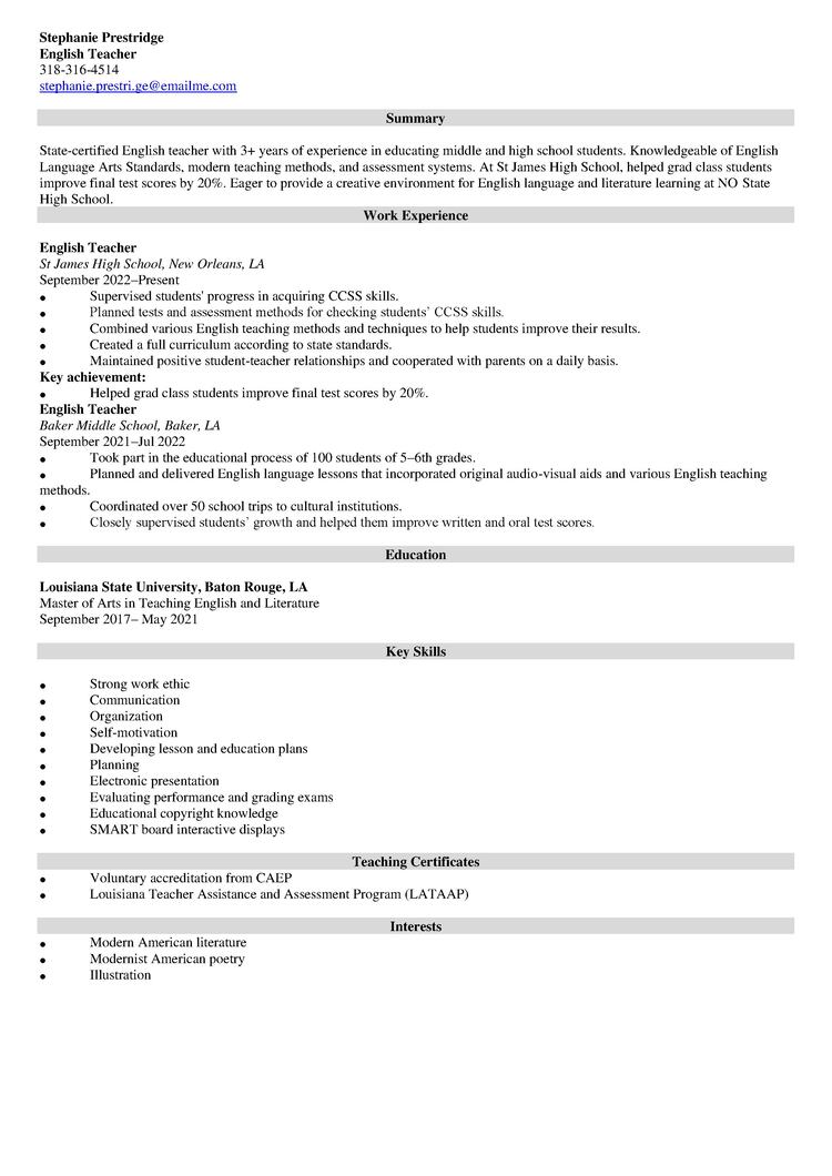 English Teacher Resume Example