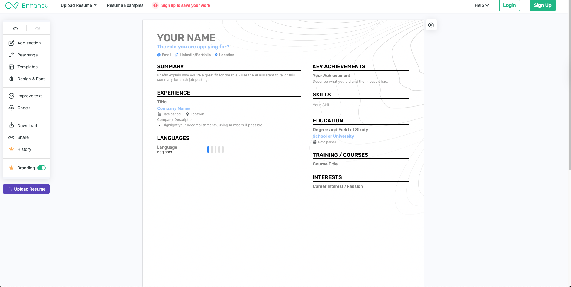 Screenshot of EnhanCV's resume builder
