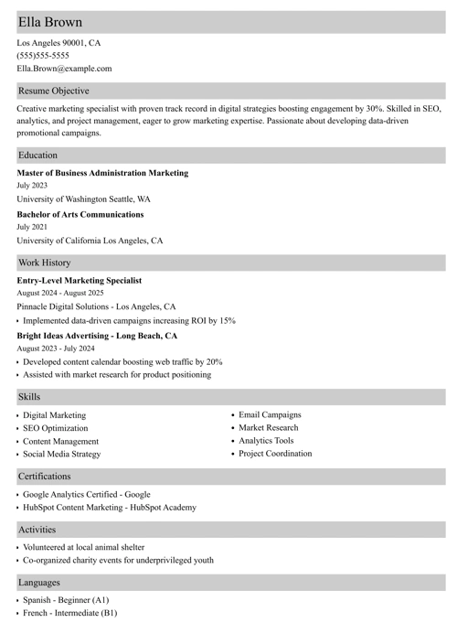entry-level marketing resume example