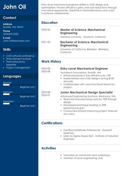 Entry-Level Mechanical Engineering Resume Example