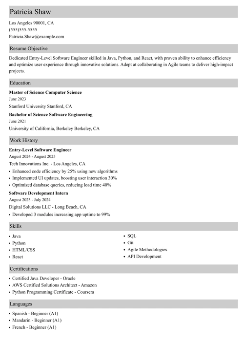 entry-level software engineer resume templates